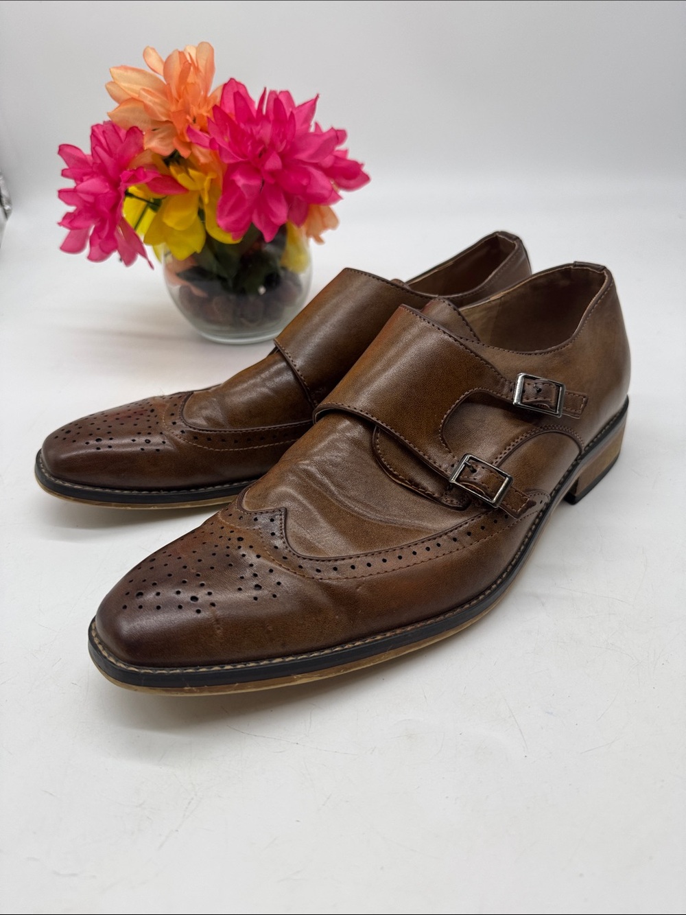 Gino Vitale Men's Double Monk Strap Brogue Dress Shoes - Brown Size 12 MS10120F
